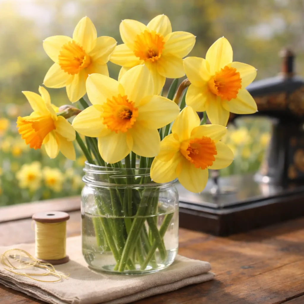 Daffodils in a glass jar on a wooden sewing table beside a vintage sewing machine